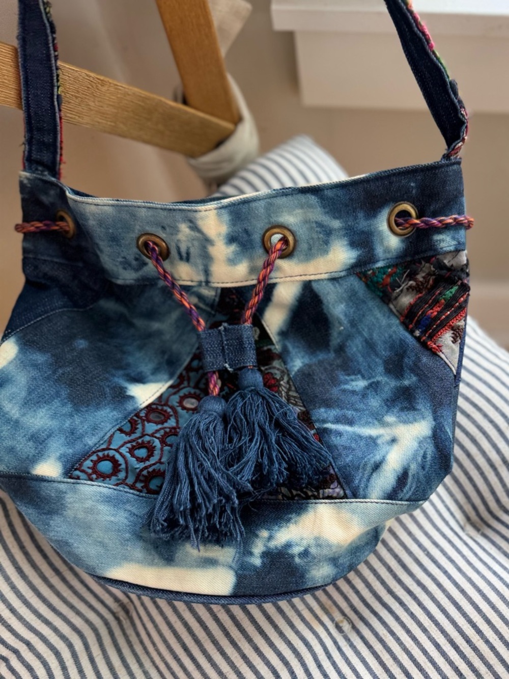 Earthbound Trading Co. Navy Blue Embroidered Fringe Tassel Bucket Bag Crossbody - Picture 9 of 11